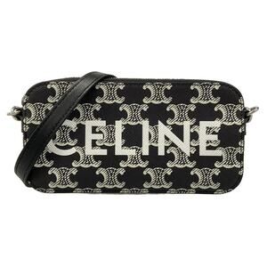 Celine Triomphe Canvas Shoulder Bag Black White Calf Skin